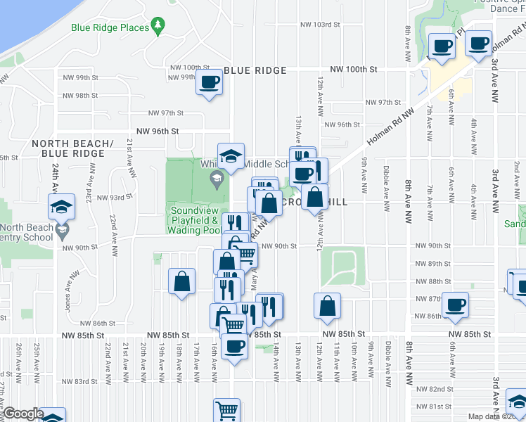 map of restaurants, bars, coffee shops, grocery stores, and more near 9053 Holman Road Northwest in Seattle