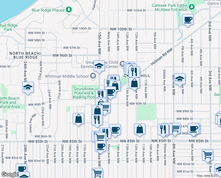 map of restaurants, bars, coffee shops, grocery stores, and more near 9053 Holman Road Northwest in Seattle