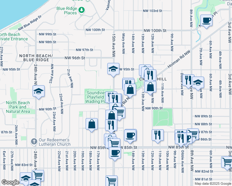 map of restaurants, bars, coffee shops, grocery stores, and more near 9041 Mary Avenue Northwest in Seattle