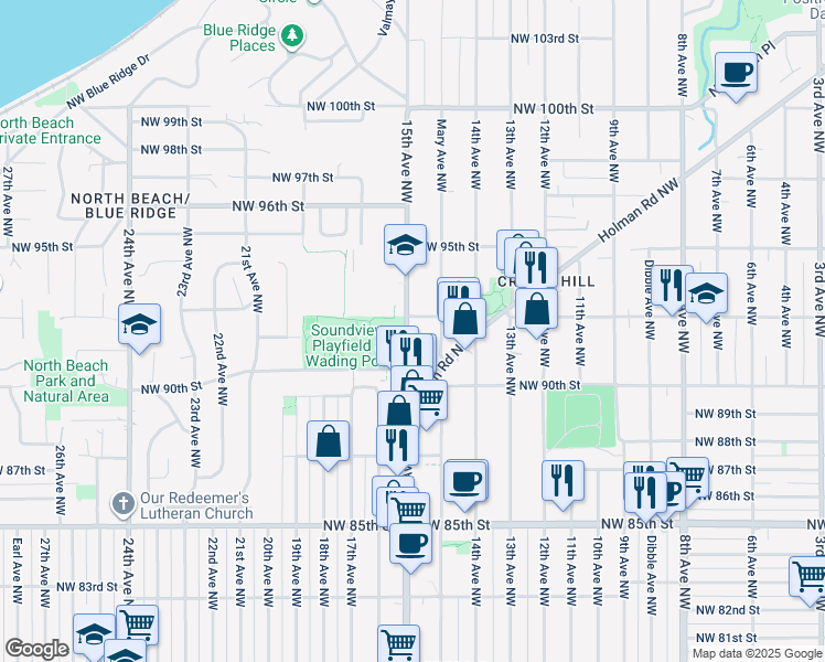 map of restaurants, bars, coffee shops, grocery stores, and more near 9041 Mary Avenue Northwest in Seattle