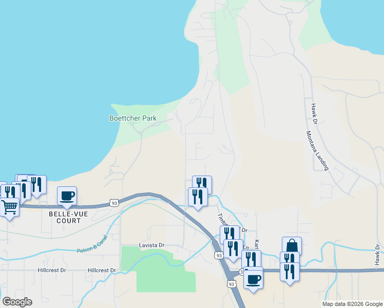 map of restaurants, bars, coffee shops, grocery stores, and more near 188 South Bayshore Drive in Polson