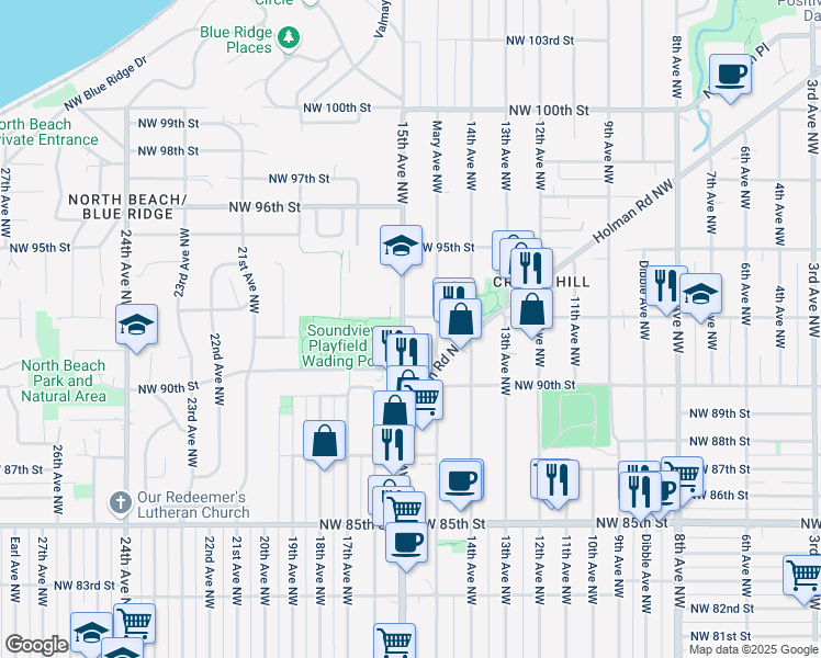 map of restaurants, bars, coffee shops, grocery stores, and more near 9041 Mary Avenue Northwest in Seattle