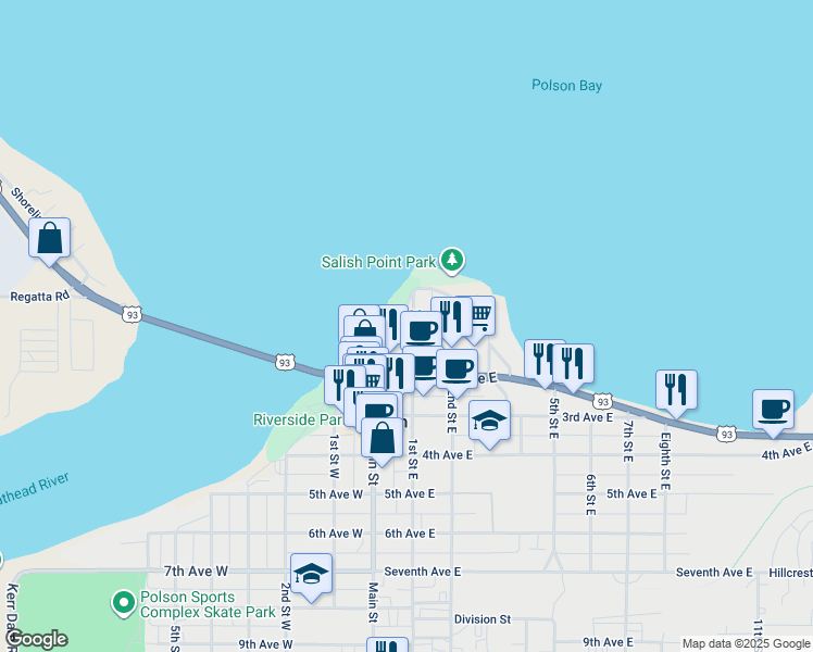 map of restaurants, bars, coffee shops, grocery stores, and more near 1 Kootenai Avenue in Polson