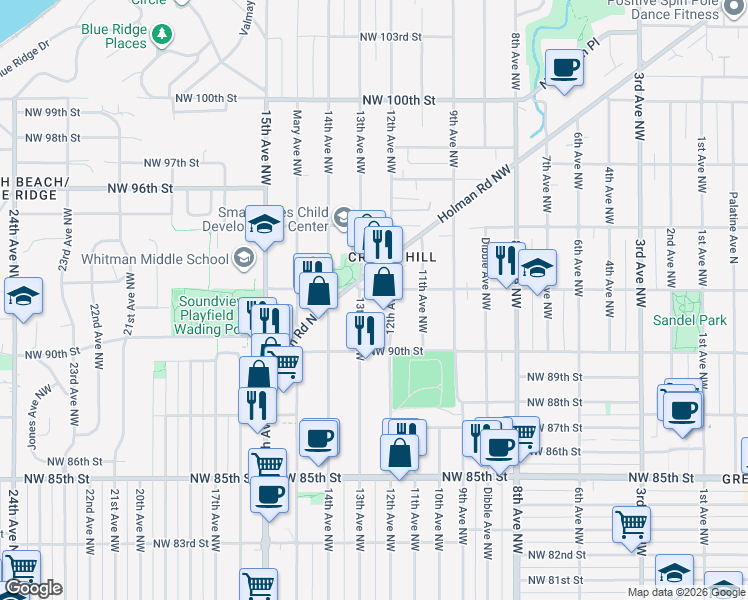 map of restaurants, bars, coffee shops, grocery stores, and more near in Seattle