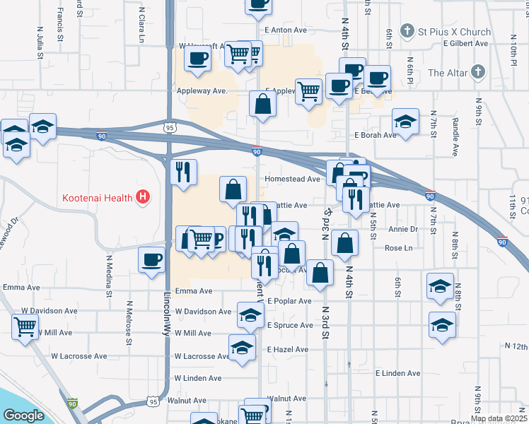 map of restaurants, bars, coffee shops, grocery stores, and more near 2022 North Government Way in Coeur d'Alene