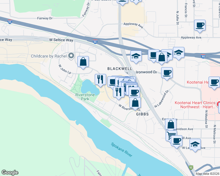 map of restaurants, bars, coffee shops, grocery stores, and more near 2151 Main Street in Coeur d'Alene