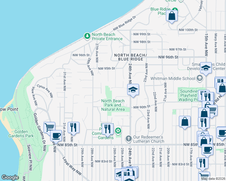 map of restaurants, bars, coffee shops, grocery stores, and more near 2516 Northwest 91st Street in Seattle