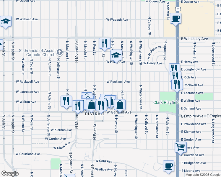 map of restaurants, bars, coffee shops, grocery stores, and more near 4111 North Howard Street in Spokane