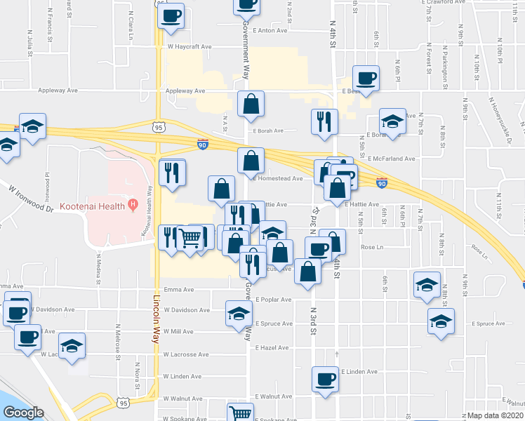 map of restaurants, bars, coffee shops, grocery stores, and more near 2022 North Government Way in Coeur d'Alene