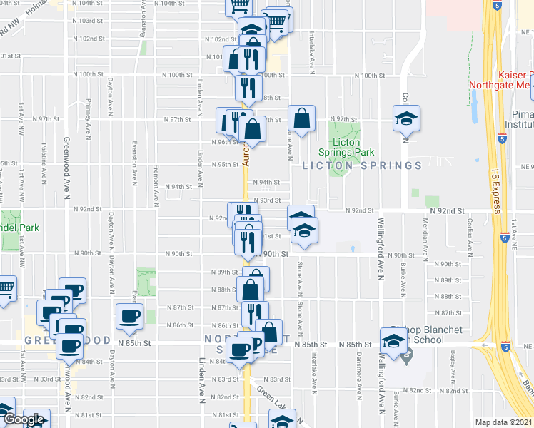map of restaurants, bars, coffee shops, grocery stores, and more near 1133 North 92nd Street in Seattle