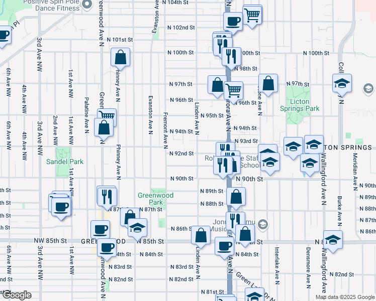 map of restaurants, bars, coffee shops, grocery stores, and more near 751 North 92nd Street in Seattle