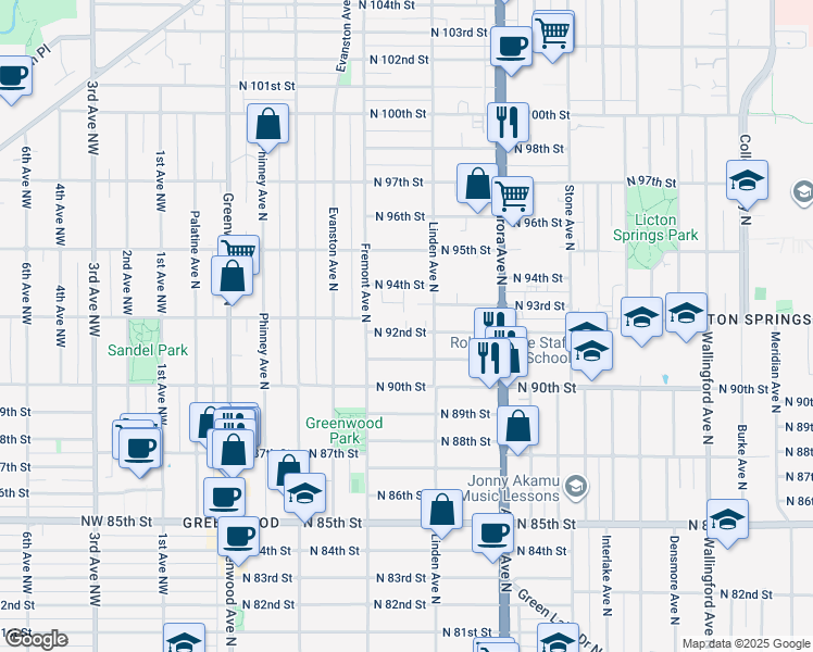 map of restaurants, bars, coffee shops, grocery stores, and more near 725 North 92nd Street in Seattle