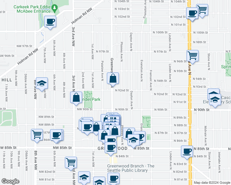 map of restaurants, bars, coffee shops, grocery stores, and more near 9042 Greenwood Avenue North in Seattle