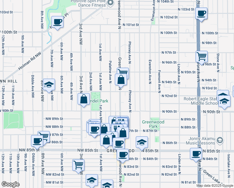 map of restaurants, bars, coffee shops, grocery stores, and more near 9042 Palatine Avenue North in Seattle
