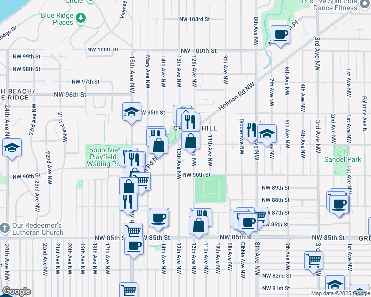 map of restaurants, bars, coffee shops, grocery stores, and more near in Seattle