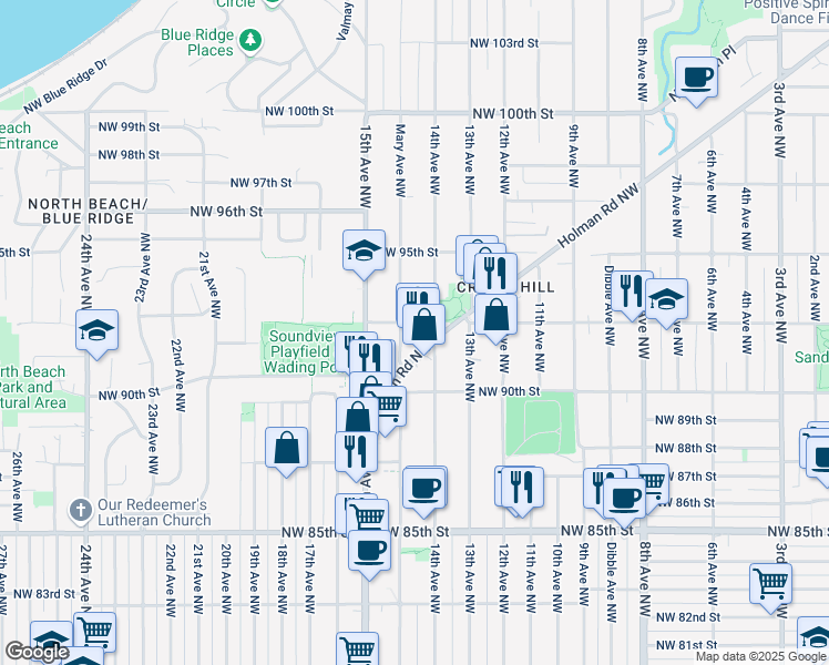 map of restaurants, bars, coffee shops, grocery stores, and more near 9053 Holman Road Northwest in Seattle