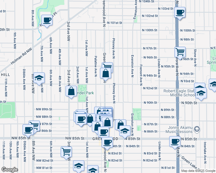 map of restaurants, bars, coffee shops, grocery stores, and more near 9042 Greenwood Avenue North in Seattle