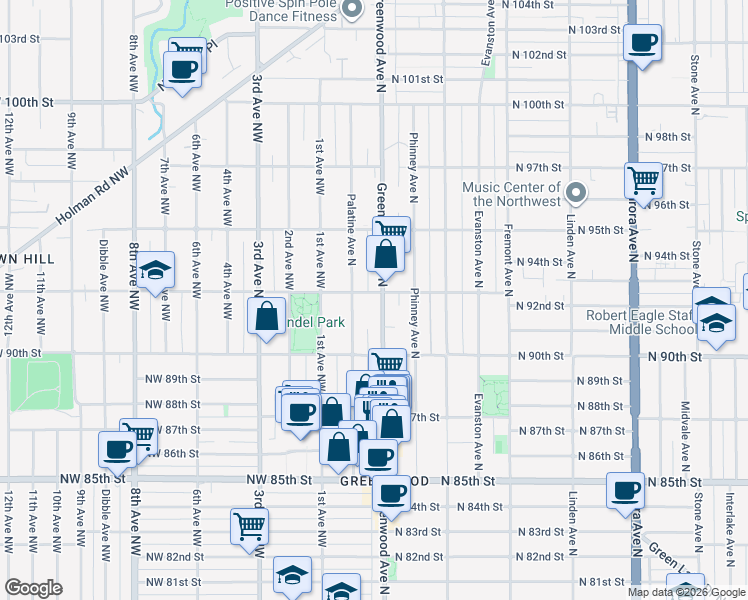 map of restaurants, bars, coffee shops, grocery stores, and more near 9057 Greenwood Avenue North in Seattle