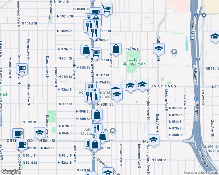map of restaurants, bars, coffee shops, grocery stores, and more near 1154 North 92nd Street in Seattle