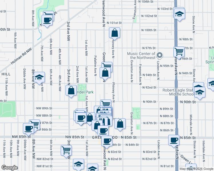 map of restaurants, bars, coffee shops, grocery stores, and more near 9042 Greenwood Avenue North in Seattle