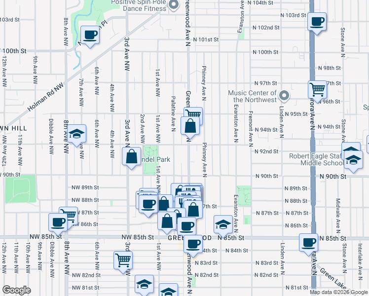 map of restaurants, bars, coffee shops, grocery stores, and more near 9042 Palatine Avenue North in Seattle