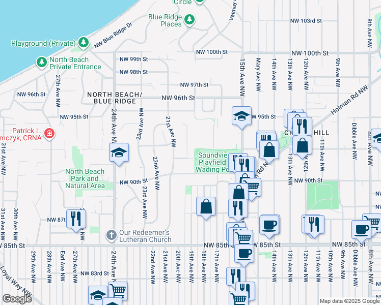 map of restaurants, bars, coffee shops, grocery stores, and more near 9208 20th Avenue Northwest in Seattle