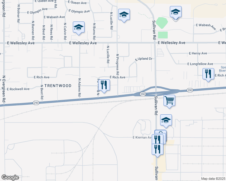 map of restaurants, bars, coffee shops, grocery stores, and more near 15019 East Trent Avenue in Spokane Valley