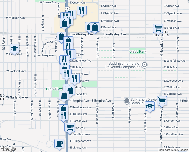map of restaurants, bars, coffee shops, grocery stores, and more near 223 East Lacrosse Avenue in Spokane