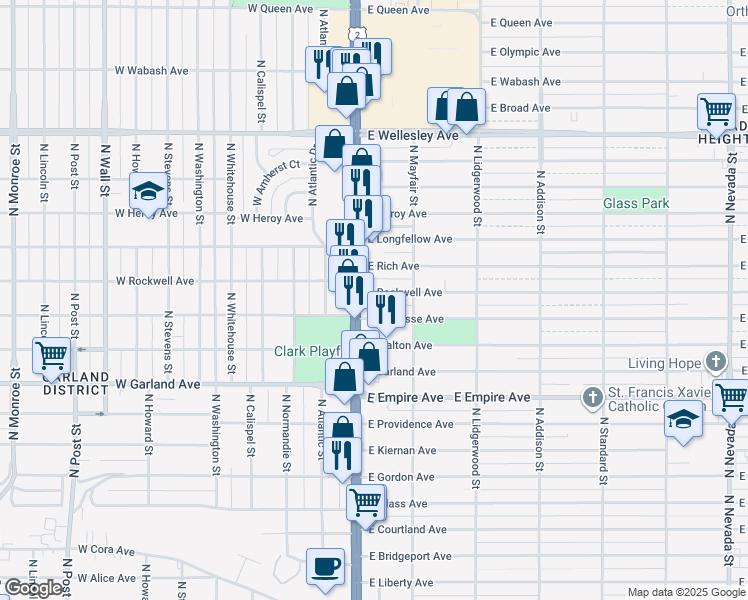 map of restaurants, bars, coffee shops, grocery stores, and more near 4102 North Division Street in Spokane