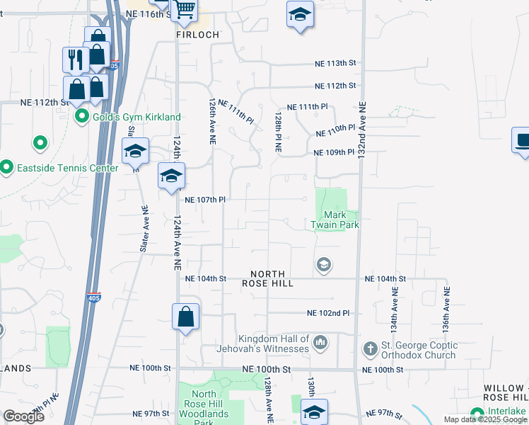 map of restaurants, bars, coffee shops, grocery stores, and more near 10613 128th Avenue Northeast in Kirkland