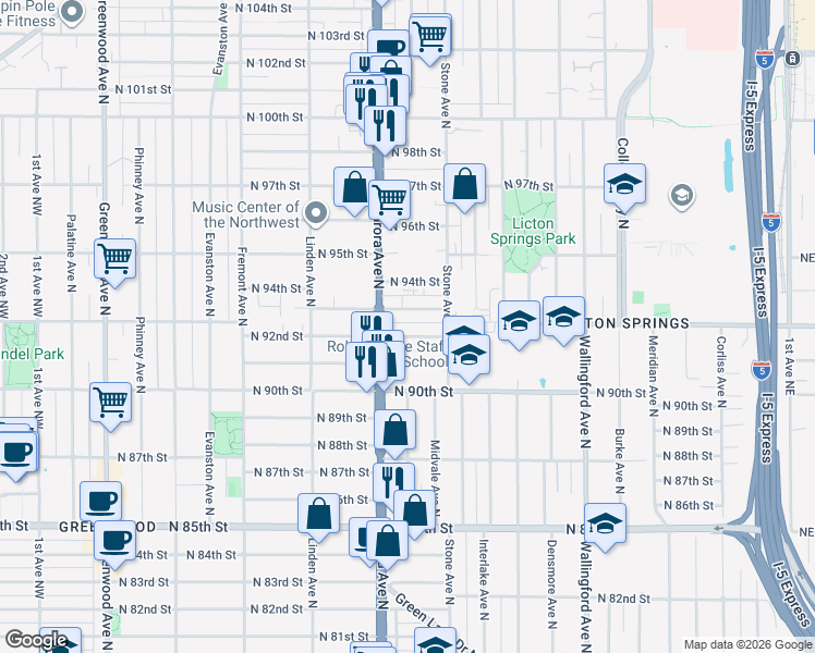 map of restaurants, bars, coffee shops, grocery stores, and more near 1133 North 92nd Street in Seattle