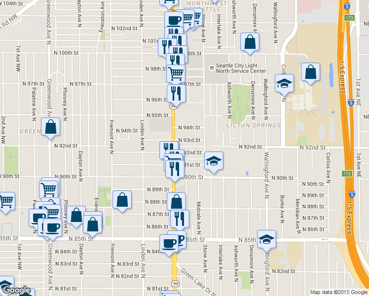map of restaurants, bars, coffee shops, grocery stores, and more near 1133 North 92nd Street in Seattle