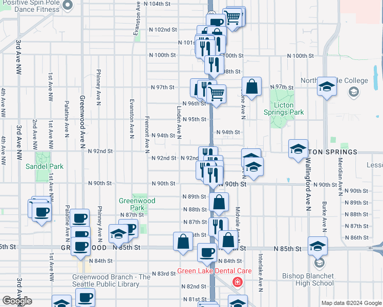 map of restaurants, bars, coffee shops, grocery stores, and more near 927 North 92nd Street in Seattle