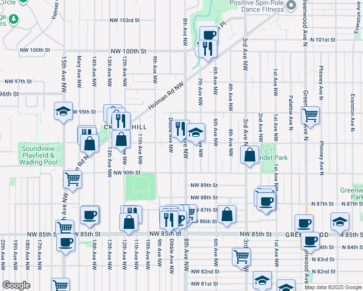 map of restaurants, bars, coffee shops, grocery stores, and more near 9042 Dibble Avenue Northwest in Seattle