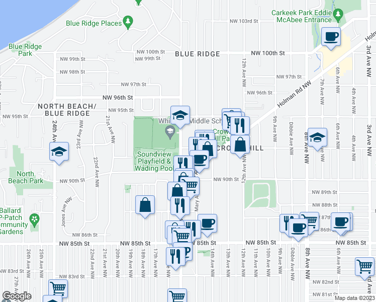 map of restaurants, bars, coffee shops, grocery stores, and more near 9041 Mary Avenue Northwest in Seattle