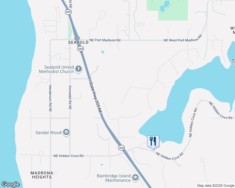map of restaurants, bars, coffee shops, grocery stores, and more near 14677 Sivertson Road Northeast in Bainbridge Island