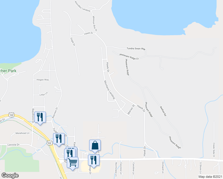 map of restaurants, bars, coffee shops, grocery stores, and more near 535 Hawk Drive in Polson