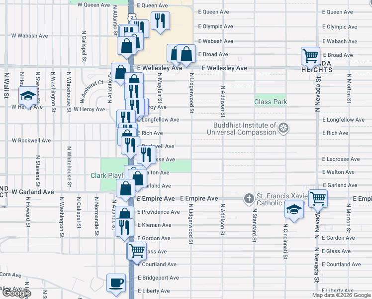 map of restaurants, bars, coffee shops, grocery stores, and more near 223 East Lacrosse Avenue in Spokane