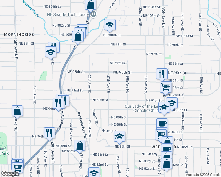 map of restaurants, bars, coffee shops, grocery stores, and more near 2704 Northeast 92nd Street in Seattle