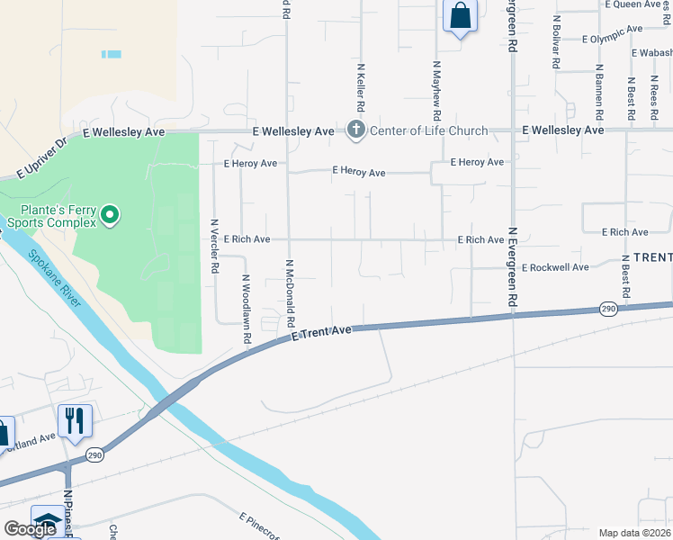 map of restaurants, bars, coffee shops, grocery stores, and more near 4210 North Silas Road in Spokane Valley