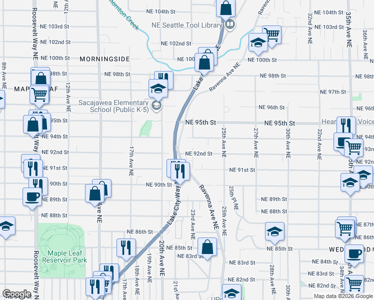 map of restaurants, bars, coffee shops, grocery stores, and more near 2222 Northeast 92nd Street in Seattle