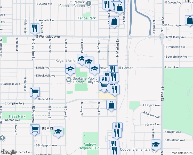 map of restaurants, bars, coffee shops, grocery stores, and more near 4141 North Regal Street in Spokane