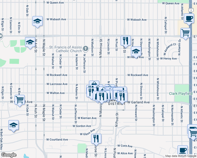 map of restaurants, bars, coffee shops, grocery stores, and more near 4101 North Monroe Street in Spokane