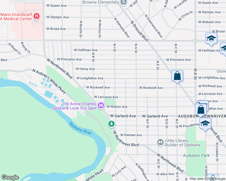 map of restaurants, bars, coffee shops, grocery stores, and more near 3624 West Lacrosse Avenue in Spokane