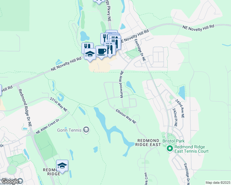 map of restaurants, bars, coffee shops, grocery stores, and more near 10857 Muirwood Way Northeast in Redmond