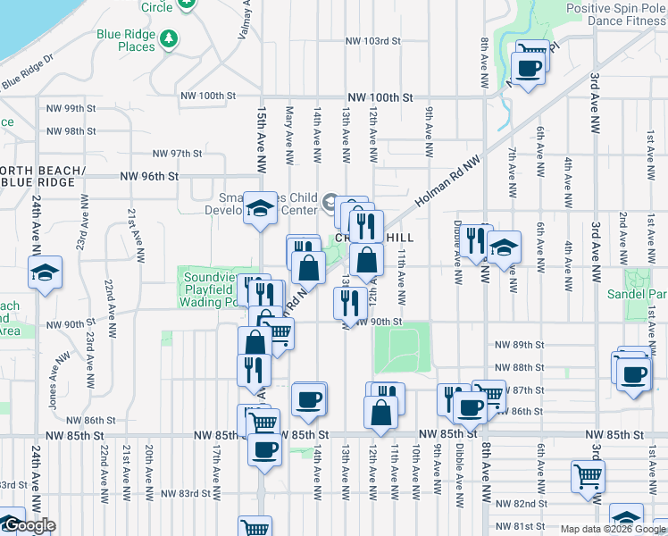 map of restaurants, bars, coffee shops, grocery stores, and more near 9041 13th Avenue Northwest in Seattle
