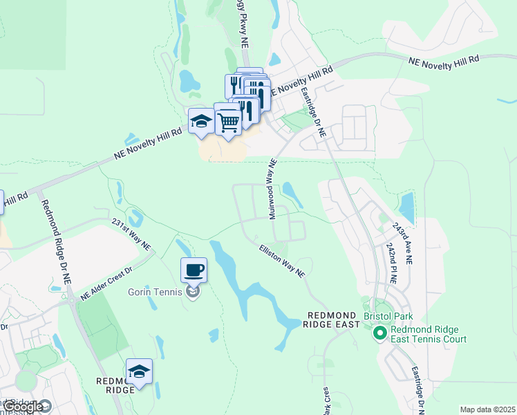 map of restaurants, bars, coffee shops, grocery stores, and more near 10857 Muirwood Way Northeast in Redmond