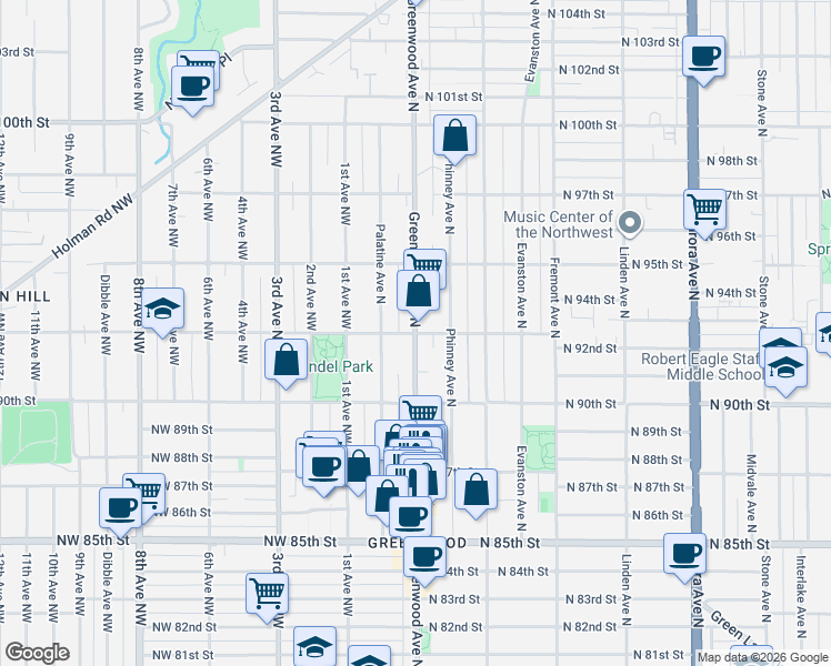map of restaurants, bars, coffee shops, grocery stores, and more near Greenwood Ave N & N 92nd St in Seattle