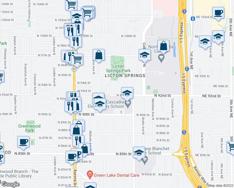 map of restaurants, bars, coffee shops, grocery stores, and more near 9203 Woodlawn Ave N in Seattle