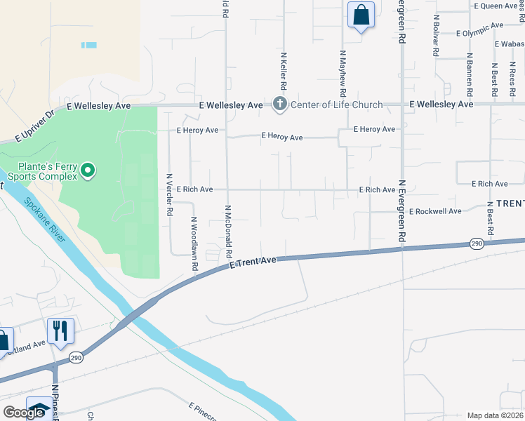 map of restaurants, bars, coffee shops, grocery stores, and more near 4210 North Silas Road in Spokane Valley